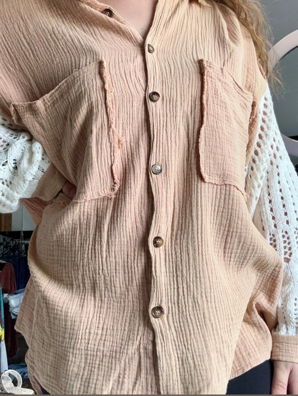 Pol Oversize Button Down Sweater Sleeve Gauze Shirt Taupe